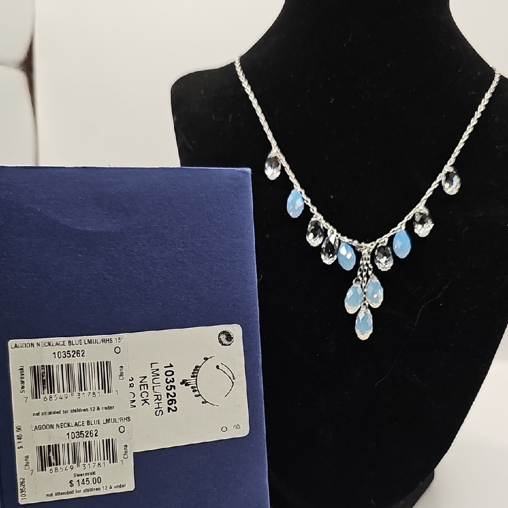 Swarovski Drop Light Blue and Clear Crystal Necklace – New in Box